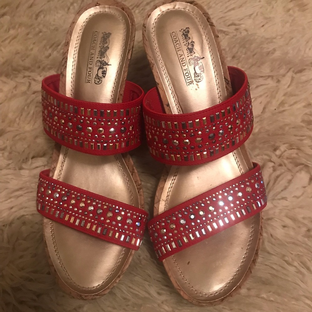 Coach and Four Vander Wedge Sandals with Metallic Embellishments